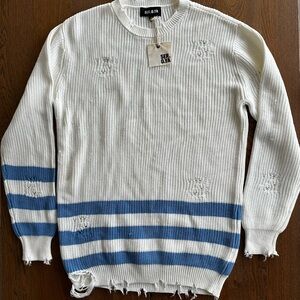 NWT SER.O.YA Women's Distressed Sweater in White with Blue Stripes | Size Medium
